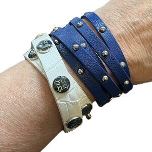 GIFT BOX INCLUDED Rustic Cuff Leather Wrap White Blue Logo Bracelet Set